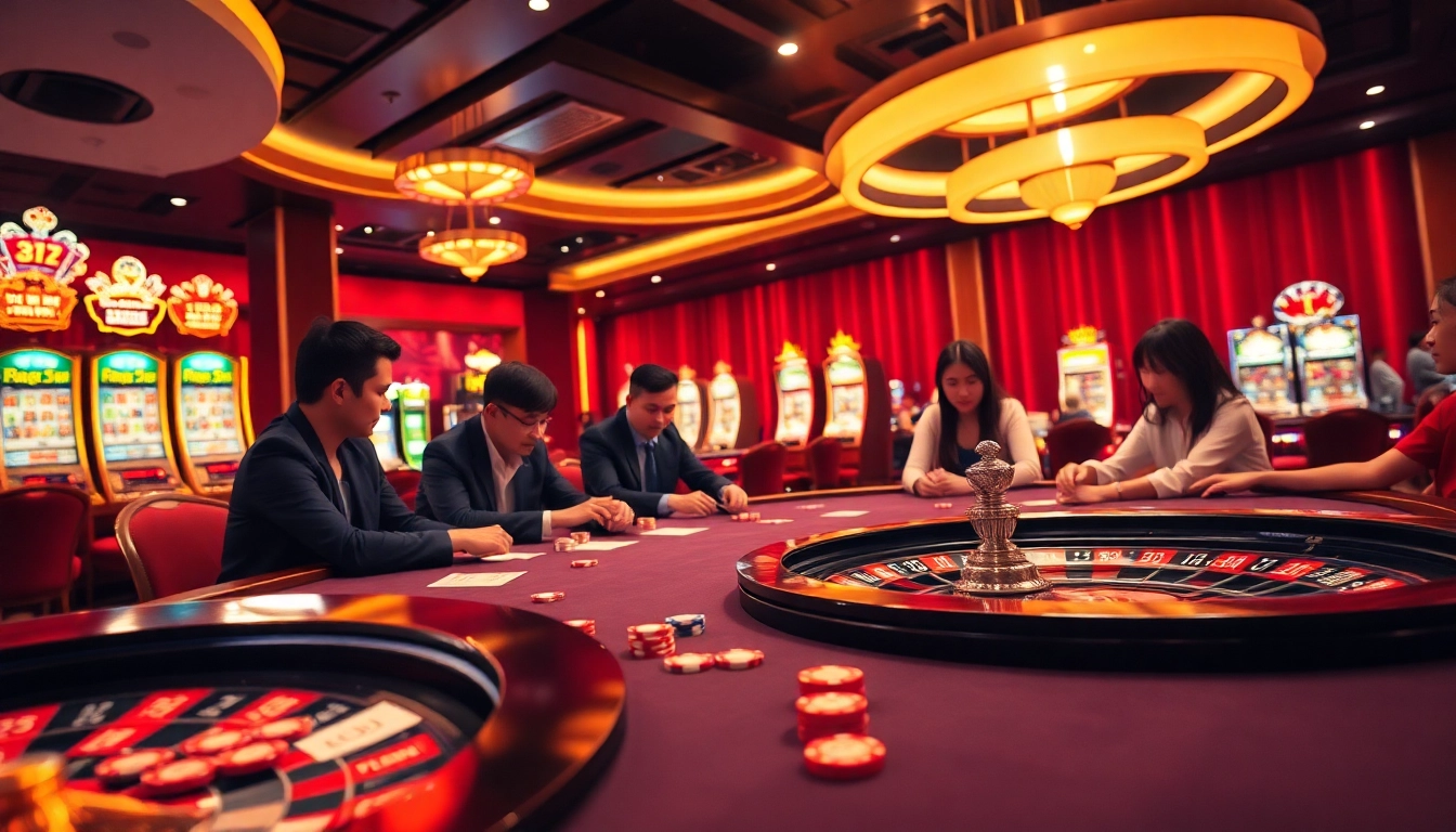 TRANG CHỦ RR88 showcasing an exciting poker game atmosphere in a vibrant casino.